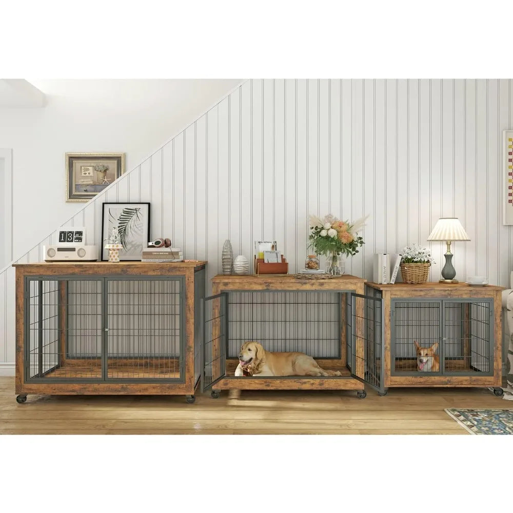 Dog Crate Furniture- Wooden Dog Crate Table- 43.7" Kennel with 3 Doors- Flip-up Top Opening -Wheels- Decorative Pet Crate House