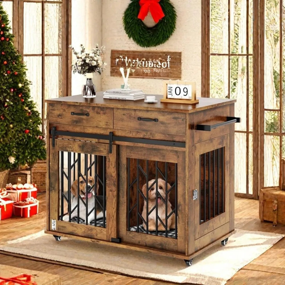 Dog Crate Furniture for 2 Dogs- 39" Wooden Dog Kennel End Table with Wheels and Storage Drawers- Indoor Double Door Dog Crate