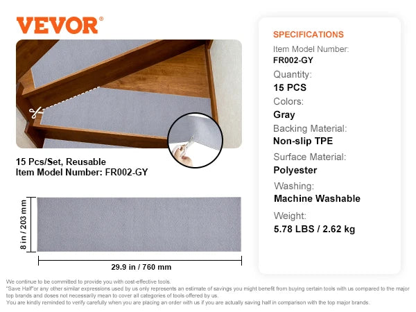 VEVOR Stair Treads Staircase Anti-Slip Mats- 28x9in and 30x8in Stair Carpet Treads- Soft Fabric- Noise proof Stair Mats- Machine Washable