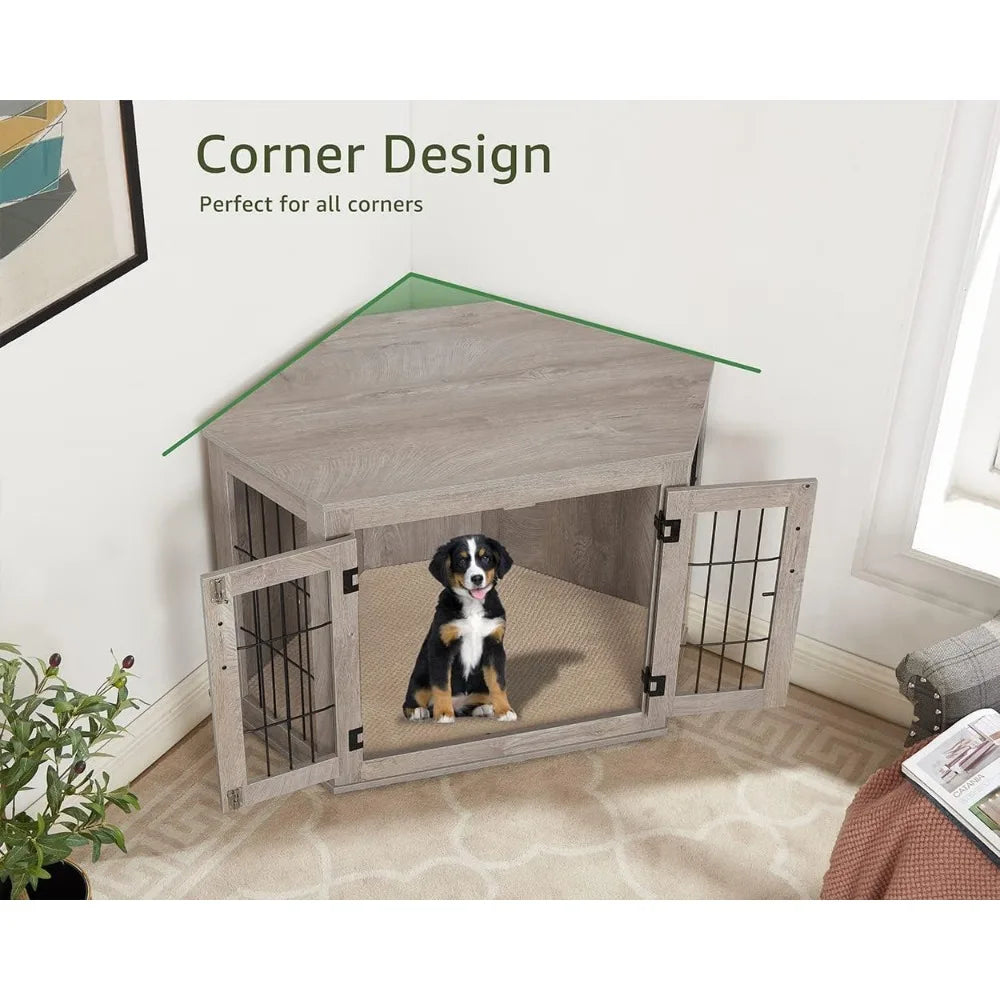 Furniture Corner Dog Crate- Wooden End Table with Cushion- Indoor Pet Crate- Side Table for Small Medium Dogs
