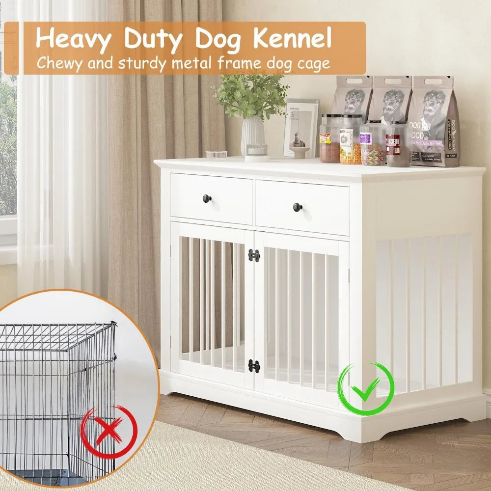 Dog Crate Furniture-44" Wooden Dog Kennel Indoor With 2 Storage Drawers- Heavy Duty Dog Crate Furniture