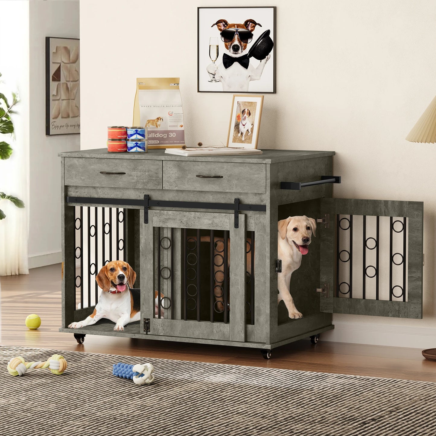 Dog Crate Furniture -39" Wooden Indoor Dog Kennel w/ Divider Room and Drawers for multiple Pets