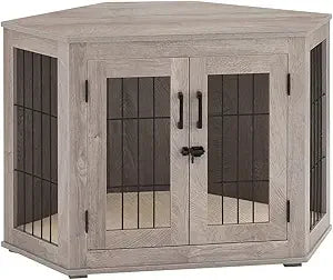 Furniture Corner Dog Crate- Wooden End Table with Cushion- Indoor Pet Crate- Side Table for Small Medium Dogs