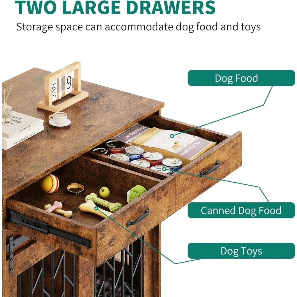 Dog Crate Furniture for 2 Dogs- 39" Wooden Dog Kennel End Table with Wheels and Storage Drawers- Indoor Double Door Dog Crate