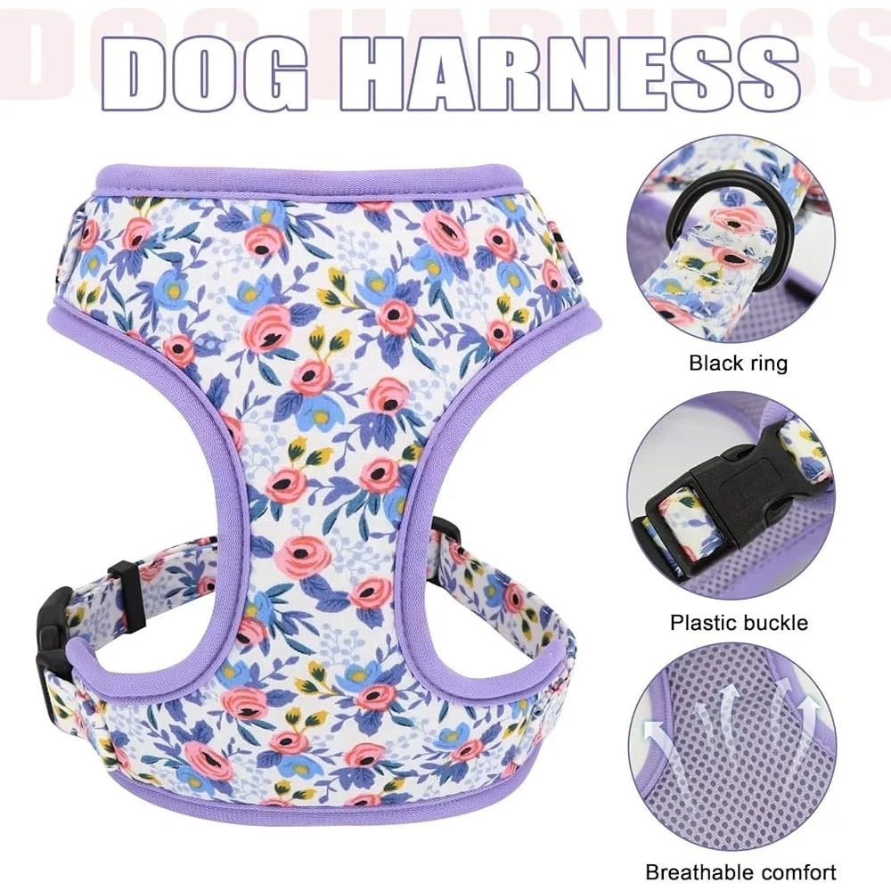 Cute Dog Harness Leash Collar Set- Adjustable Floral Soft Mesh Pet Vest-Size XS