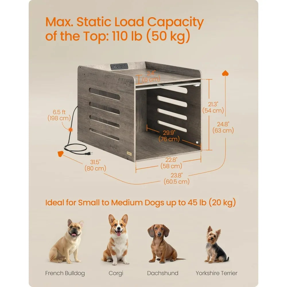 Dog Crate Furniture with Charging Station- Kennel Indoor with Flip-up Hidden Acrylic Door