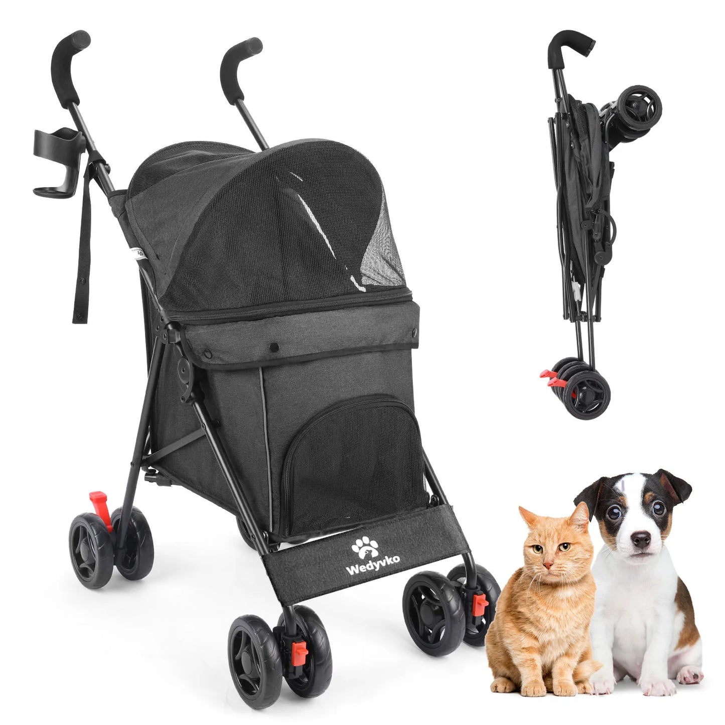 Wedyvko Pet Dog Stroller 4 Wheels Puppy Stroller Rotate with Brakes Storage for Dogs Cats Travel