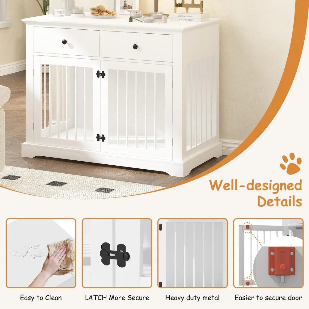 Dog Crate Furniture-44" Wooden Dog Kennel Indoor With 2 Storage Drawers- Heavy Duty Dog Crate Furniture