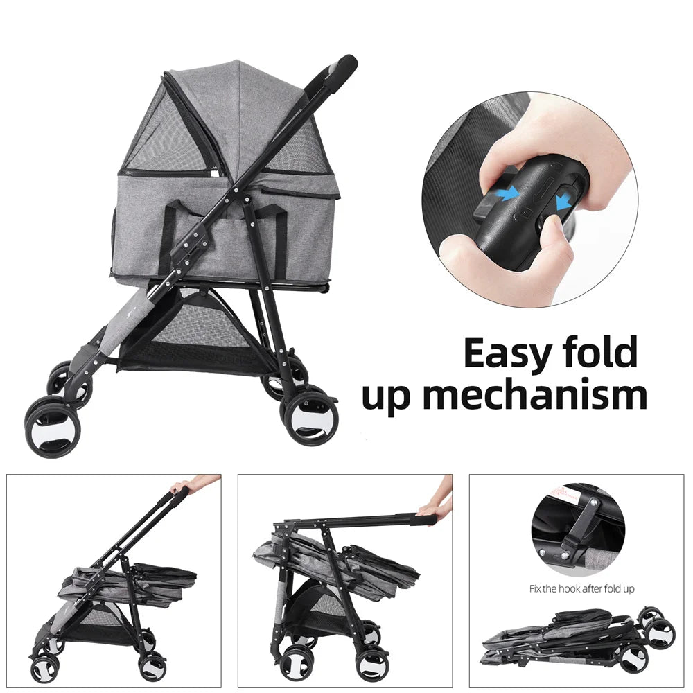 Pet Dog Stroller- Foldable Travel Carrier- Jogger Dog Pram with 4 Wheels and Rain Cover