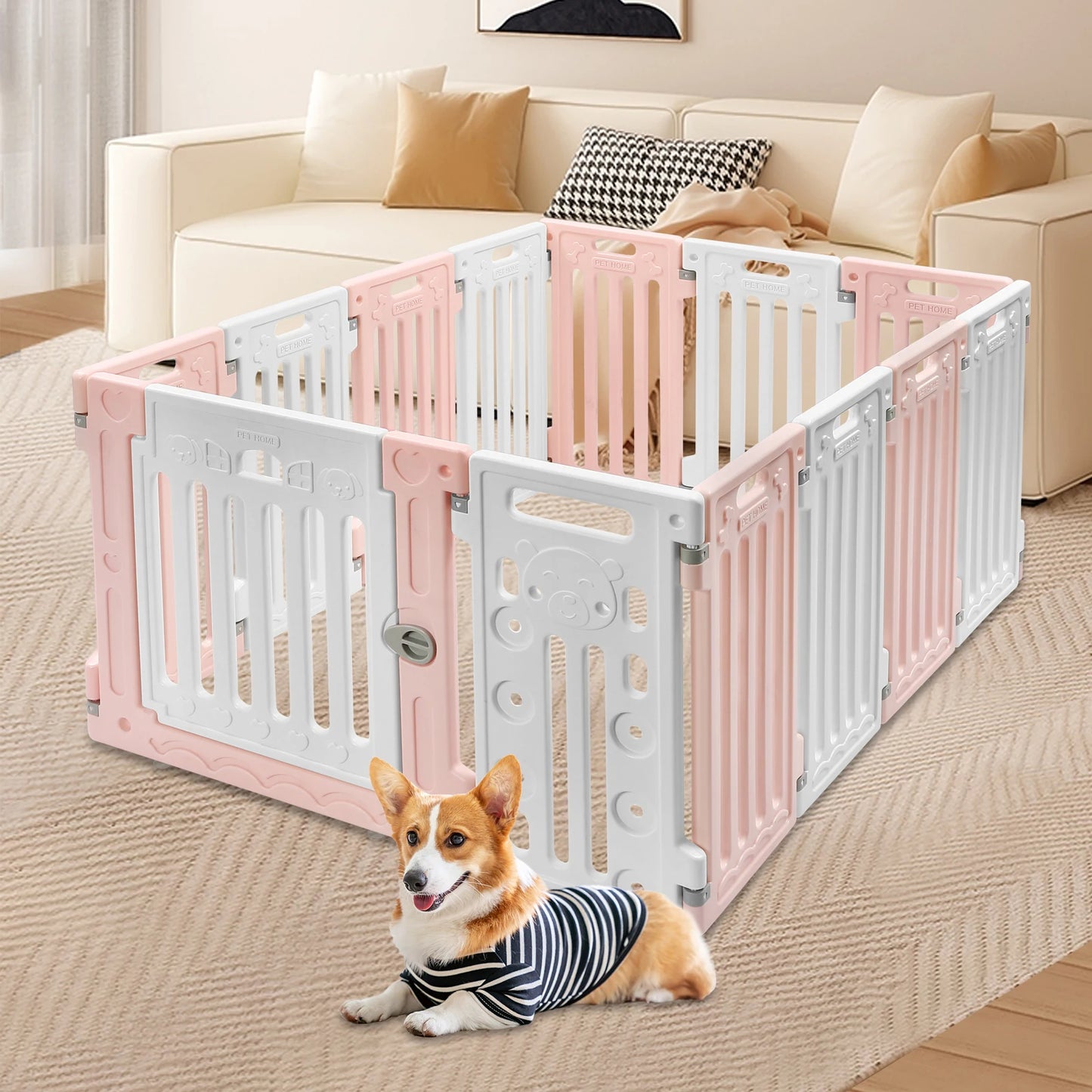 Hexagon Dog Playpen with Safety Door- Non-Slip Base- 25.6" HDPE Pet Fence for Dogs- 13 Panels Blue/Pink/Green-Pet Accessories