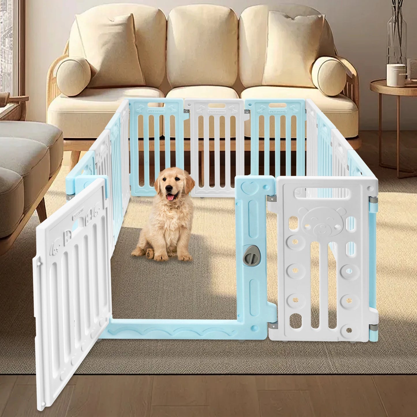 Hexagon Dog Playpen with Safety Door- Non-Slip Base- 25.6" HDPE Pet Fence for Dogs- 13 Panels Blue/Pink/Green-Pet Accessories