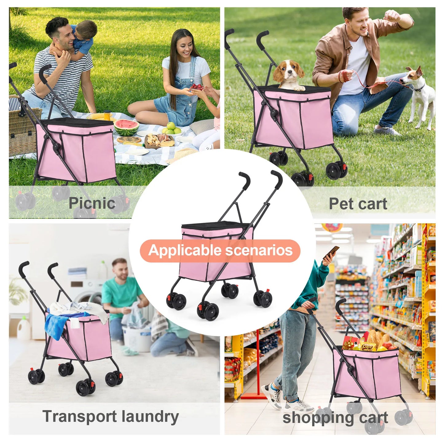 33lbs 4 Wheels Dog Stroller- Rotate- Travel Hand Cart Folding Shopping Trolley-Pink