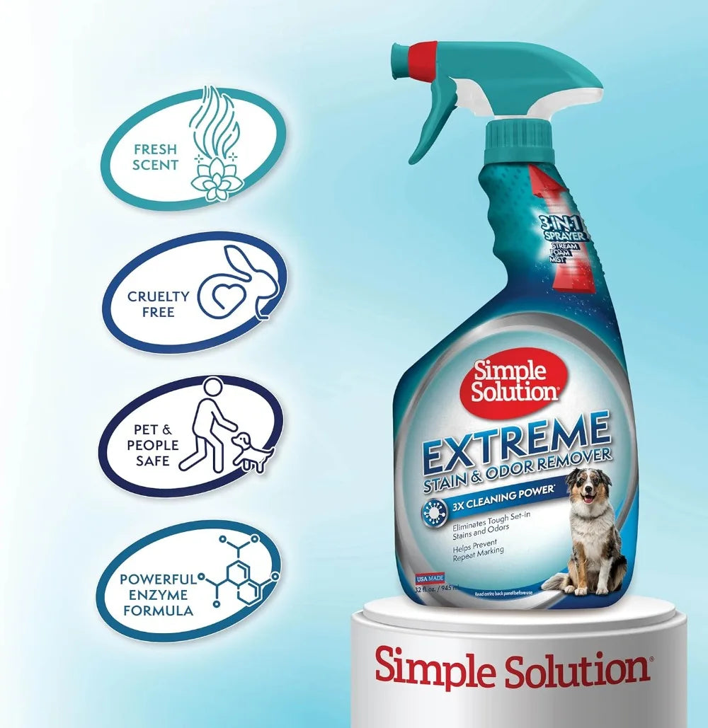 Enzymatic Pet Stain & Odor Eliminator Spray- 3X Power for Dog & Cat Urine-Poop- Vomit- 32 oz-Pet Grooming