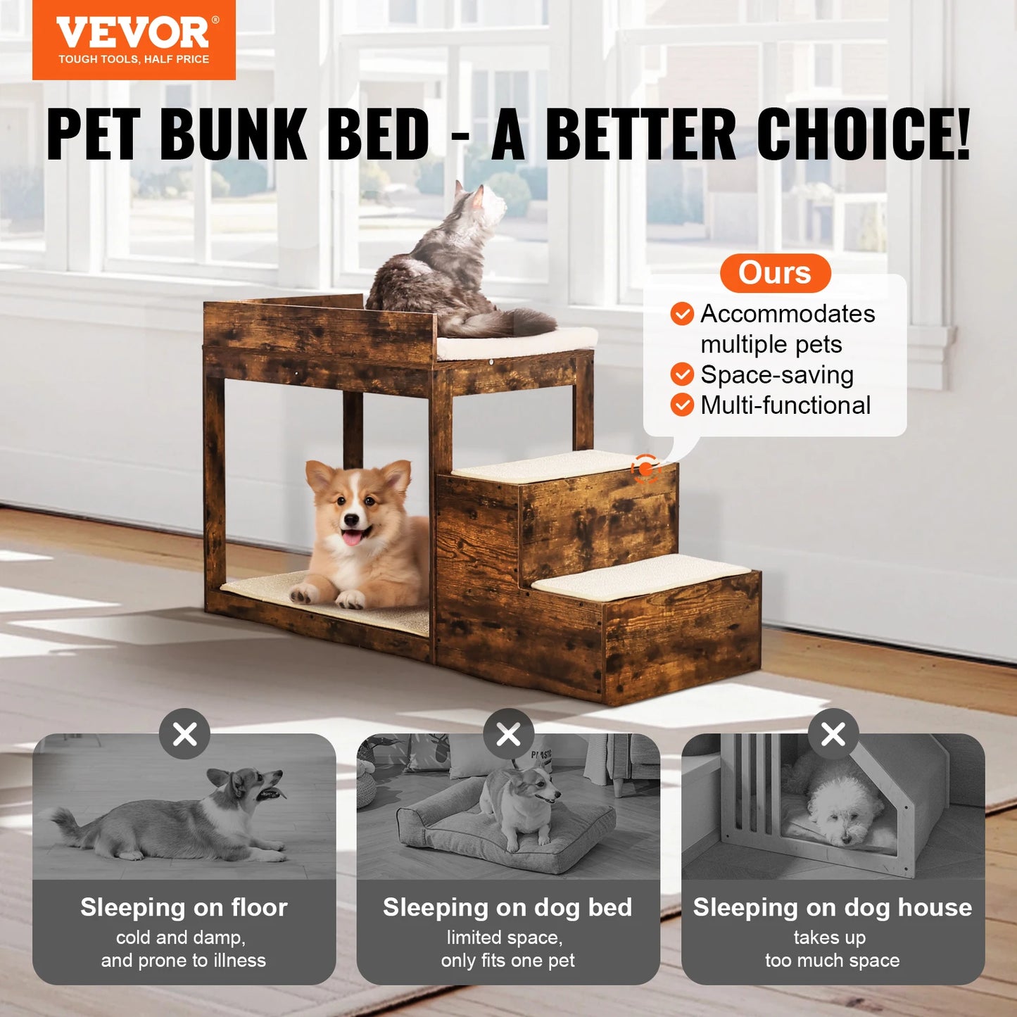 Pet Bunk Bed with Stairs -Dog Window Perch for High Beds/ Couches- Medium Multi-Level 3 Step Dog Seat Sleeper Couch