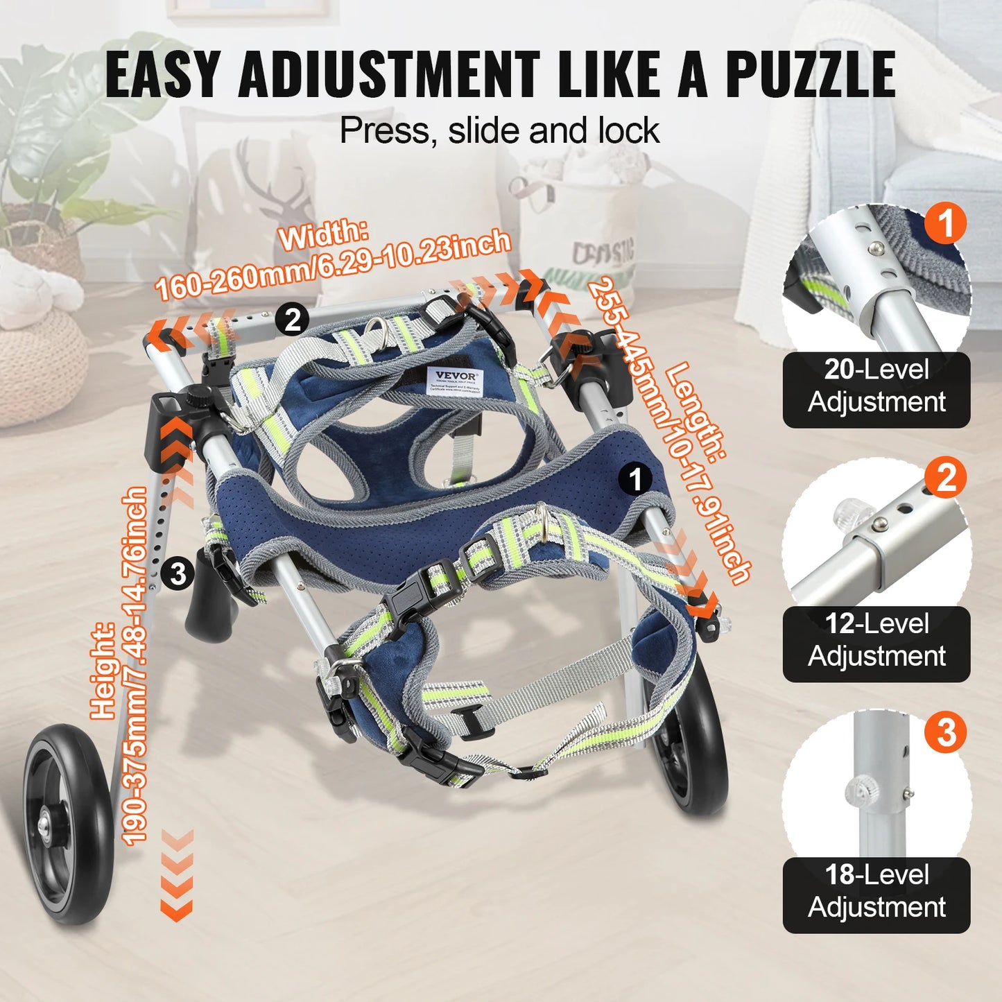 VEVOR 2 Wheels Dog Wheelchair for Back Legs -Pet Wheelchair Dog Cart/Wheelchair for Injured Disabled Paralysis Hind Limb Weak Pet