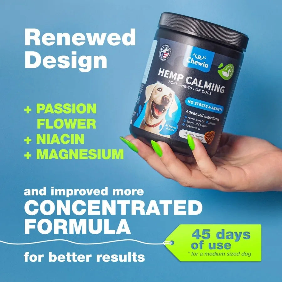 Hemp Calming Chews for Dogs- Anxiety Dog Calming Treats with Melatonin, Valerian Root, Chamomile Extract, Vitamin B Complex