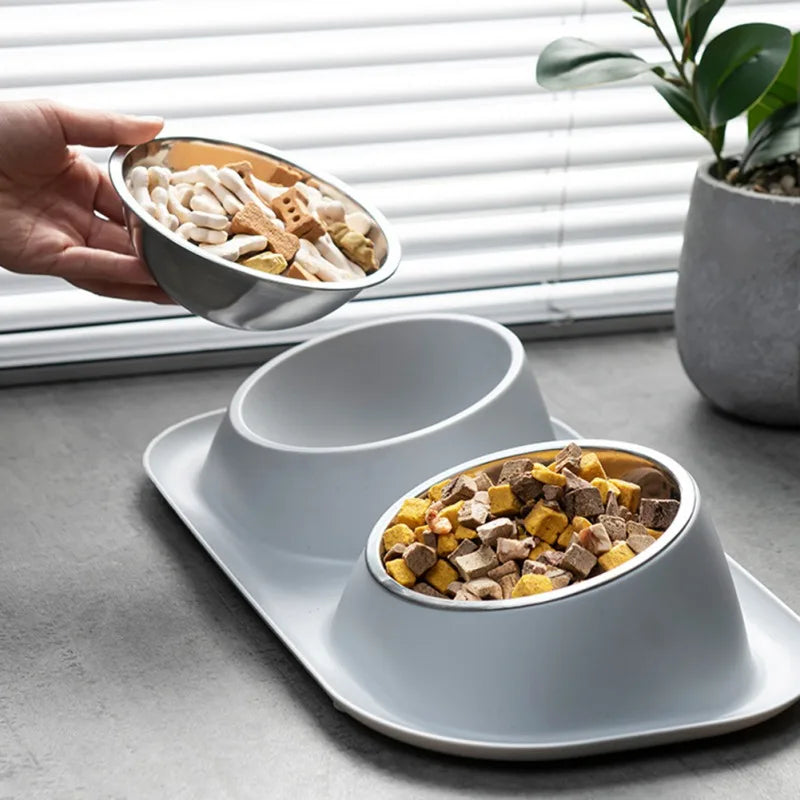 Stainless Steel Double Dog Bowl- Food Container- Plastic Non-slip Base- Pet Water Feeder- Tilt- Safeguards Dogs Neck