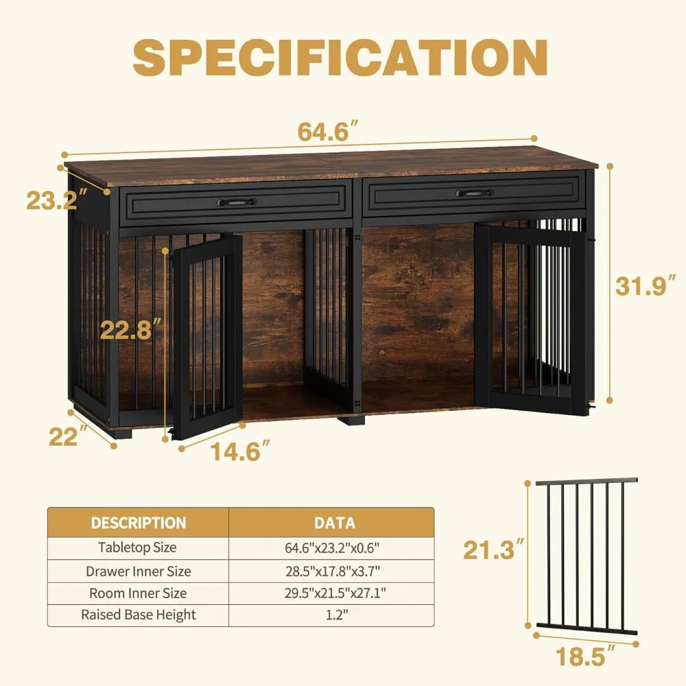 Furniture Style Dog Crate- 64.6" Wooden Multiple Dog Kennel with Drawers & Divider- Indoor Dog House Furniture with Double Rooms