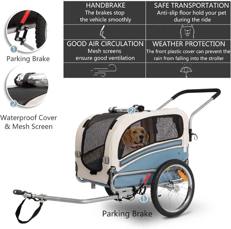 2 in1 Pet Bicycle Trailer with a 6" Stroller Wheel Suitable for Small and Medium Dogs Carrier Up to 66/88 LBS Easy Folding Cart