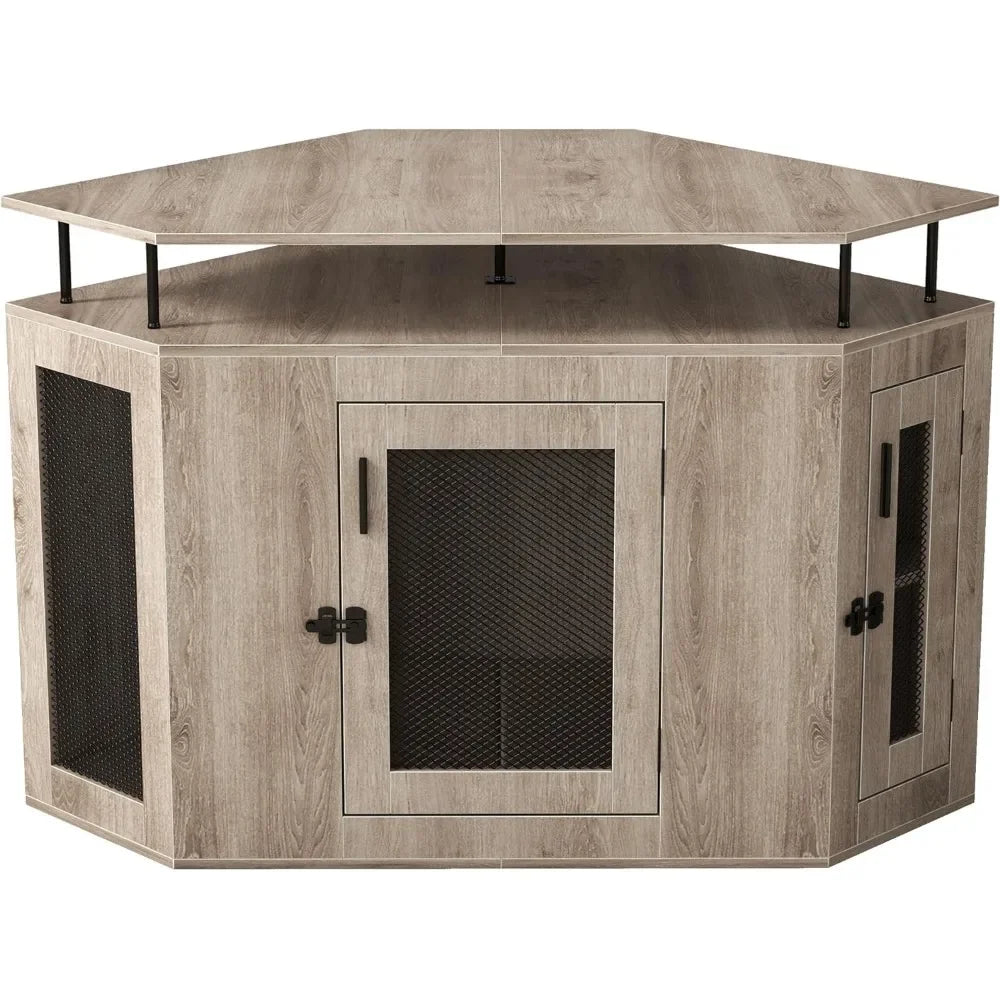 Corner Dog Crate with Cushion-52" L Furniture Style Wooden Dog Kennel -,Indoor Dog House with Storage Shelf