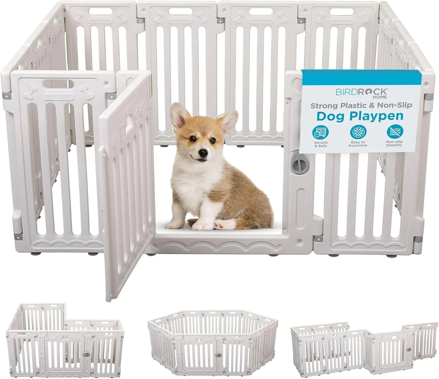Dog Playpen w/Door, 12 Panel, 25.6in H | Strong Plastic, Non-Slip Puppy Playpen, Secure Pet Gate | Indoor Outdoor Fence