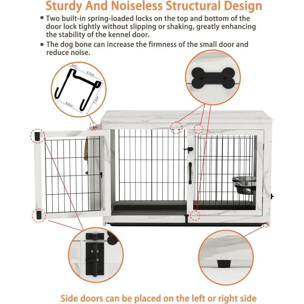 Wooden Dog Crate Furniture with 360°Rotatable Removable Dog Bowls- Dogs Crate End Table with Tray-Double Doors Dogs Kennels