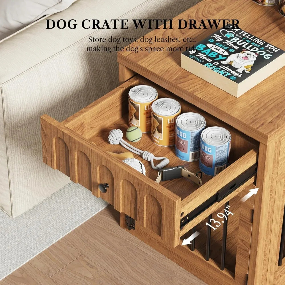 Dog Crate Furniture for Small Dogs, Wooden Dog Kennel with Drawer, Indoor Pet Crate End Table with 1.18-inch Tabletop, Decorative