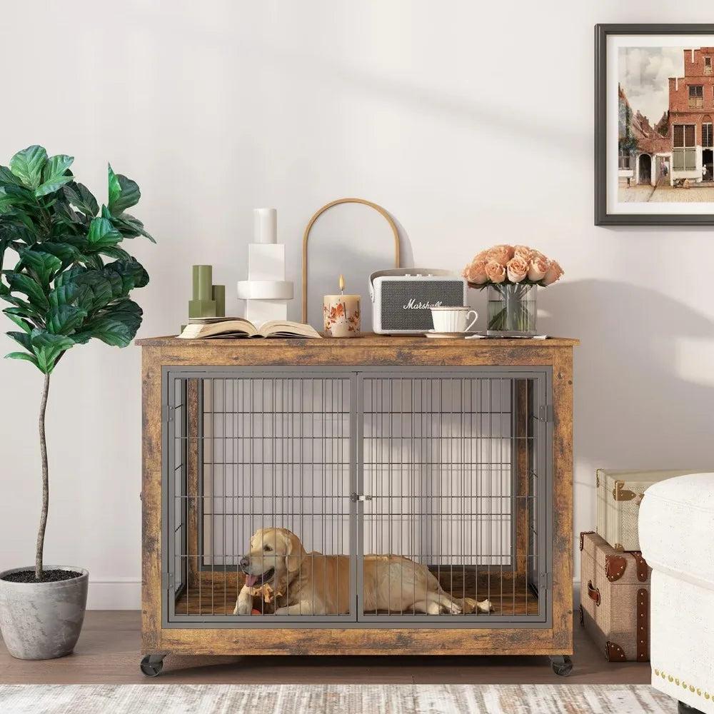 Dog Crate Furniture- Wooden Dog Crate Table- 43.7" Kennel with 3 Doors- Flip-up Top Opening -Wheels- Decorative Pet Crate House