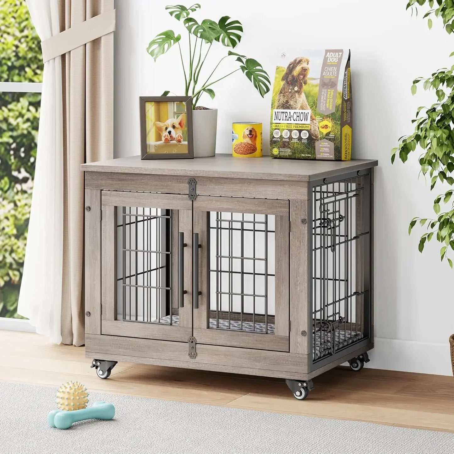 Dogs Crate Furniture with Cushion- Wooden Dogs Kennel Indoor with Double Doors- Wheels-Dog House Side End Table
