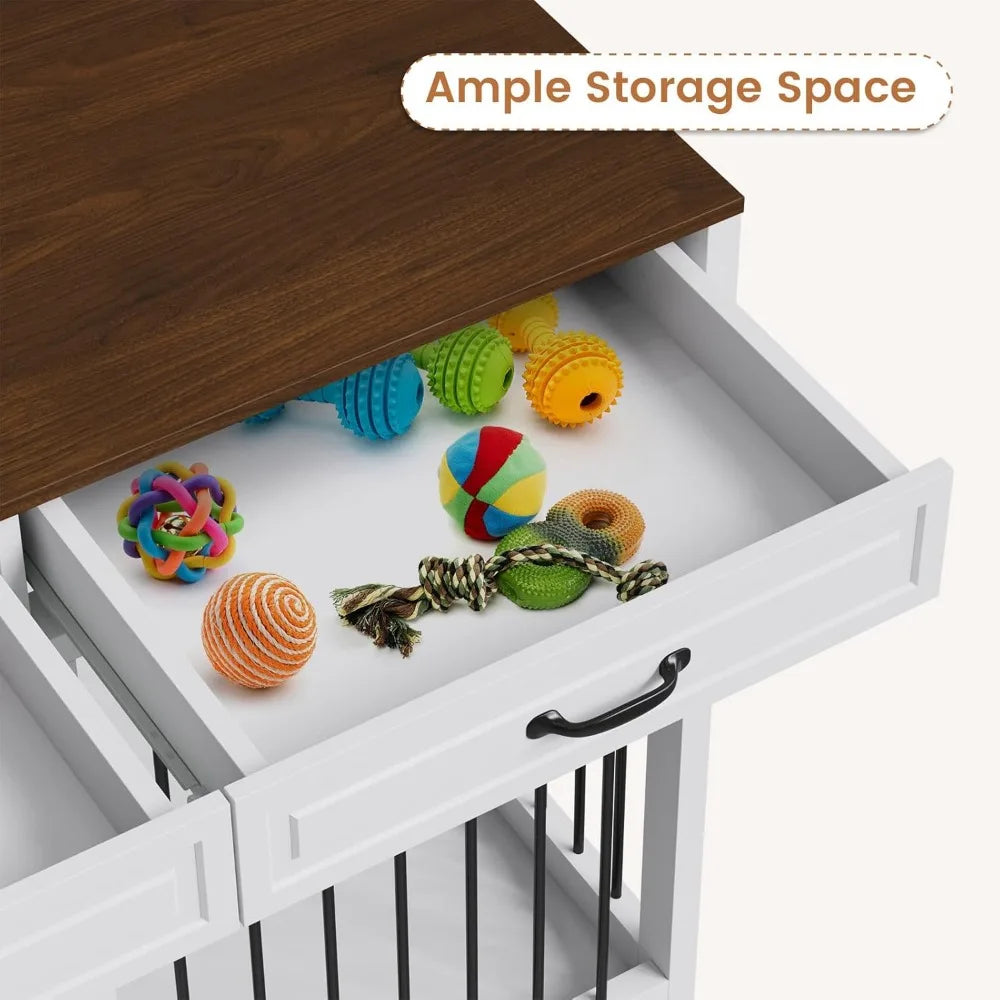 Extra Large Furniture Style Dog Crate- 93" Heavy Duty Wooden Dog Kennel with Drawers & Removable Divider-Indoor Luxury