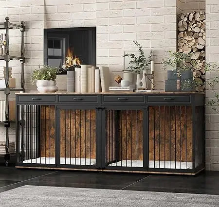 Extra Large Furniture Style Dog Crate- 93" Heavy Duty Wooden Dog Kennel with Drawers & Removable Divider-Indoor Luxury
