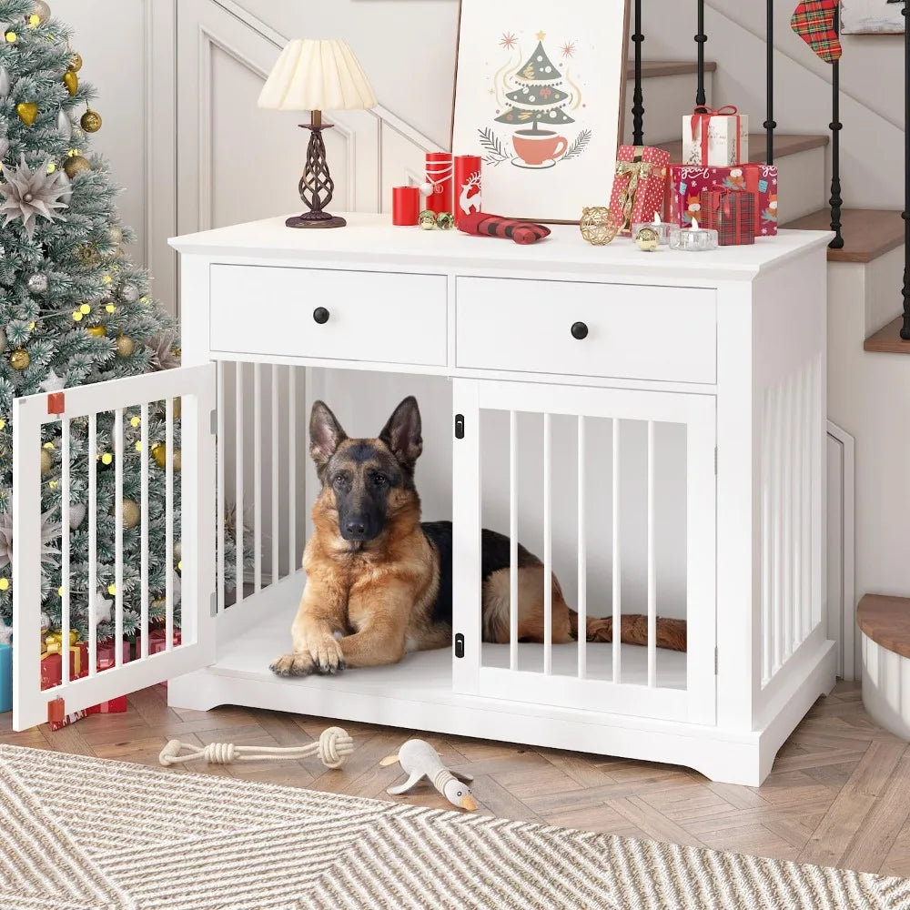 Dog Crate Furniture-44" Wooden Dog Kennel Indoor With 2 Storage Drawers- Heavy Duty Dog Crate Furniture
