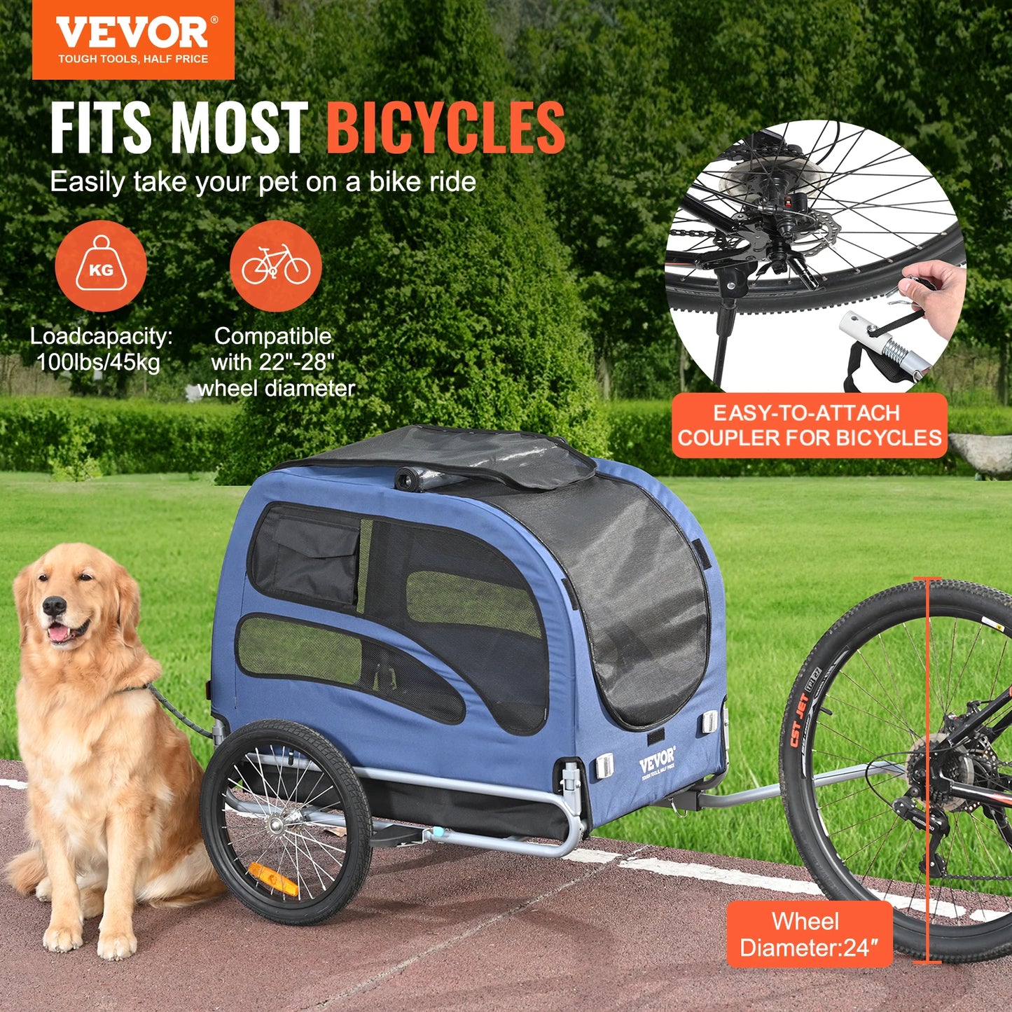 SucceBuy 100lbs Pet Cart Bicycle Carrier Dog Bike Trailer with Coupler- Reflectors- Flag- Collapsible to Store- for Dogs- Travel