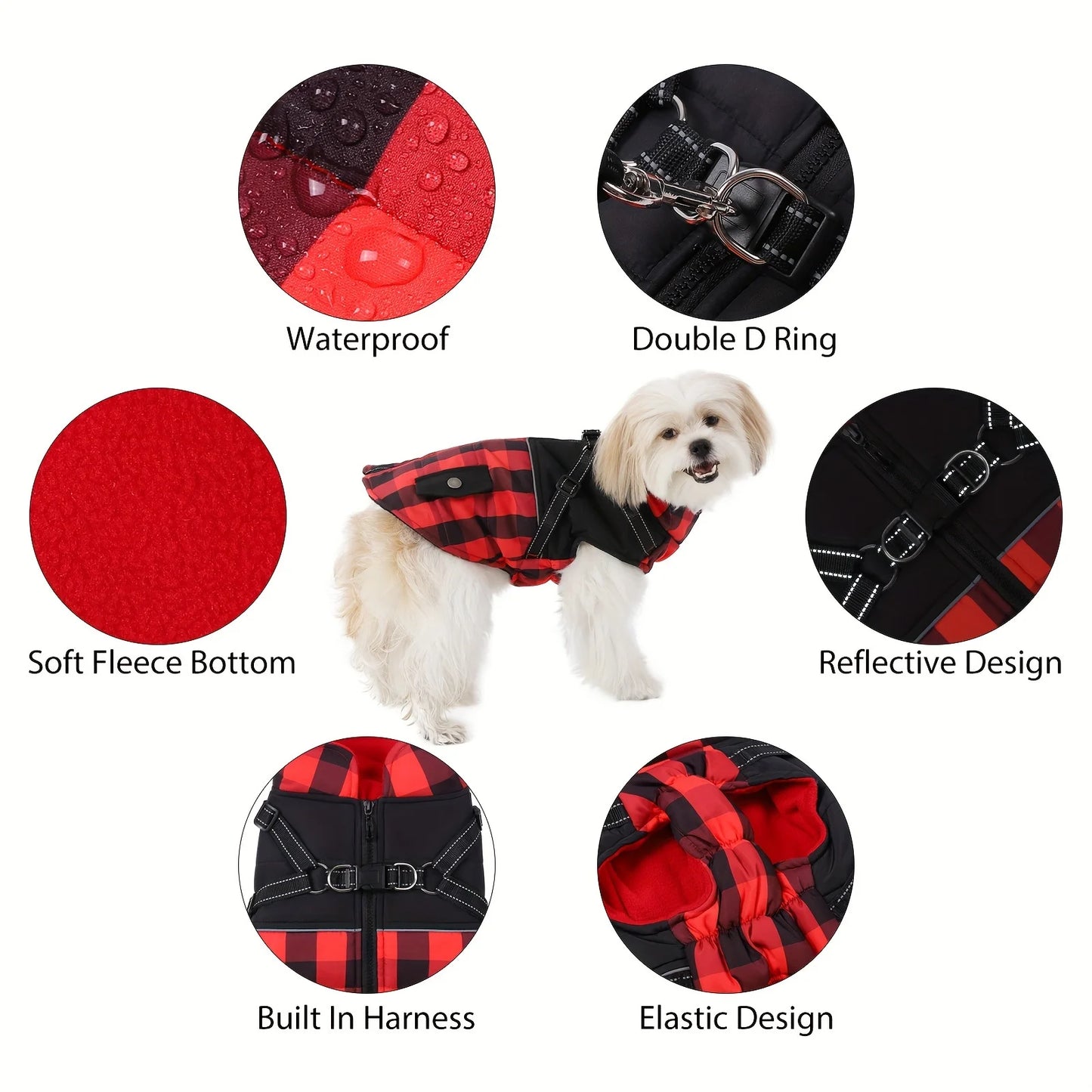 Plaid Thicken Padded Pet Dog Jacket With Harness For Cold Weather -Windproof Winter Dog Jacket Coat- For Small Medium Large Dog
