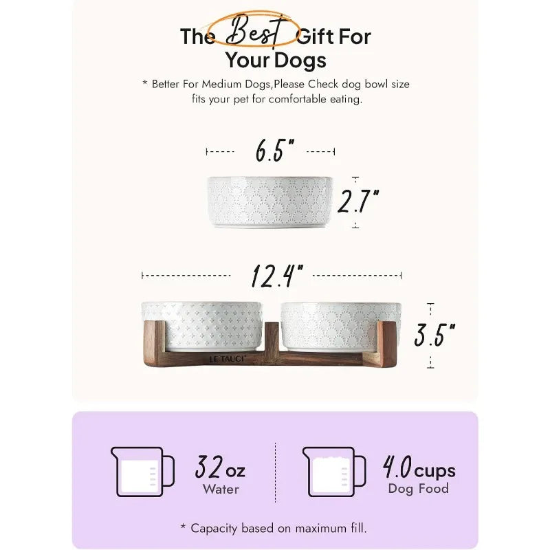 Ceramic Dog Bowl Set with Acacia Wood Stand- 3 Cups Dog Food and Water Bowl for Small Medium Sized, Pet Bowls