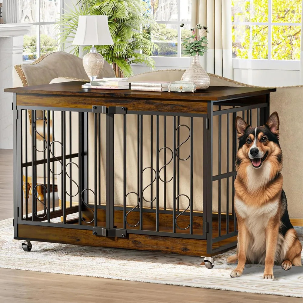 3in1 Furniture Dog Crate-End table, Dog Bed and Crate- 48 Inches Dog Crates - Farmhouse Wood Metal Kennel- Indoor- Heavy Duty