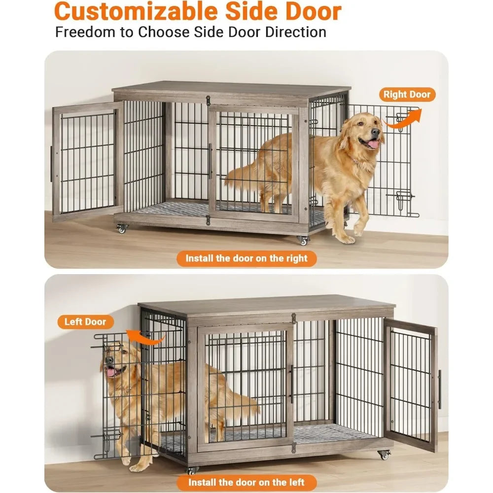 Dogs Crate Furniture with Cushion- Wooden Dogs Kennel Indoor with Double Doors- Wheels-Dog House Side End Table