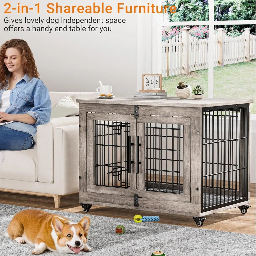 Dog Crate Furniture- 32'' Kennel Indoor with Cushion & Wheels Wooden Cage- Double Doors Dog Crate