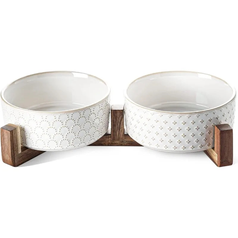 Ceramic Dog Bowl Set with Acacia Wood Stand- 3 Cups Dog Food and Water Bowl for Small Medium Sized, Pet Bowls