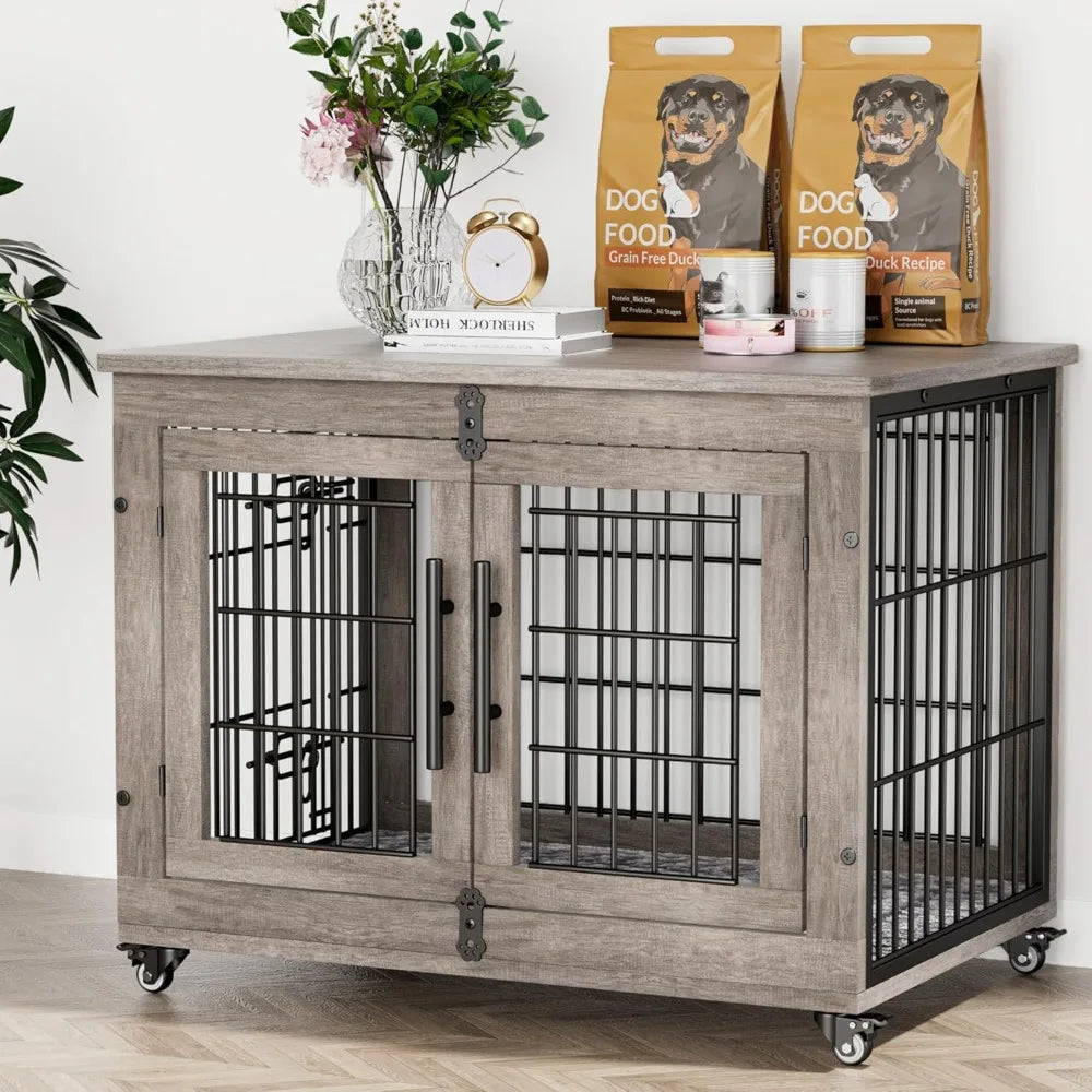 Dog Crate Furniture- 32'' Kennel Indoor with Cushion & Wheels Wooden Cage- Double Doors Dog Crate