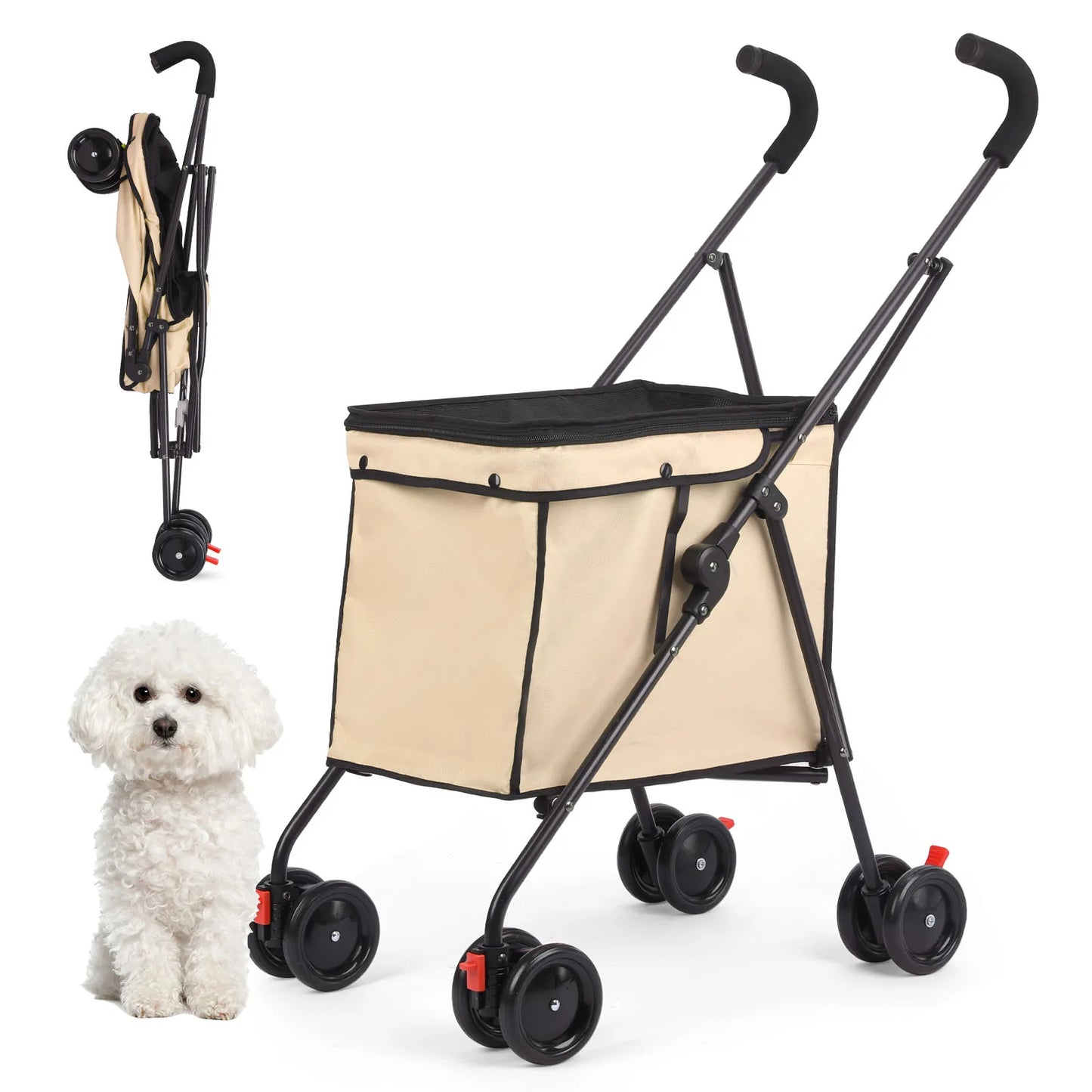 33lbs 4 Wheels Dog Stroller- Rotate- Travel Hand Cart Folding Shopping Trolley-Pink