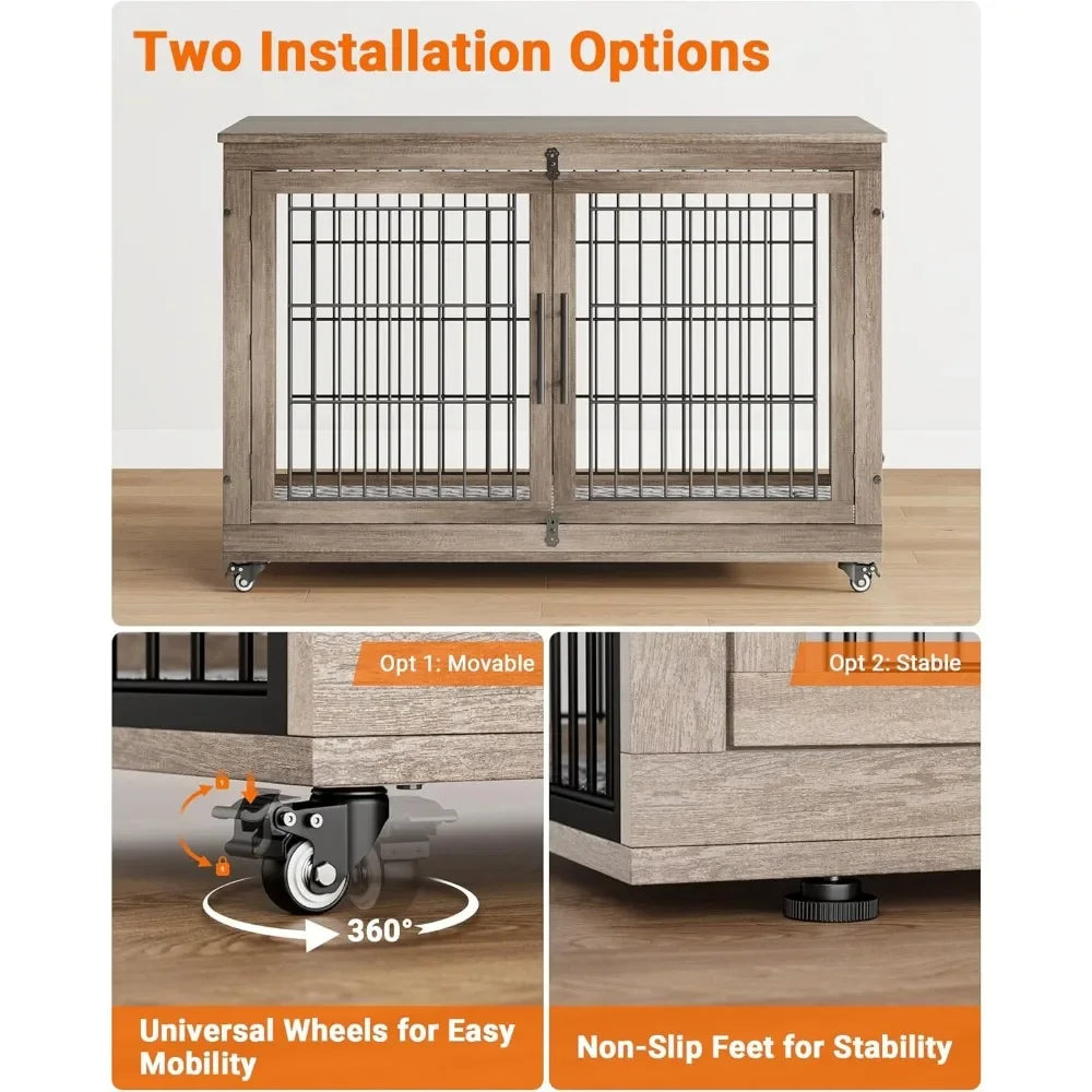 Dogs Crate Furniture with Cushion- Wooden Dogs Kennel Indoor with Double Doors- Wheels-Dog House Side End Table