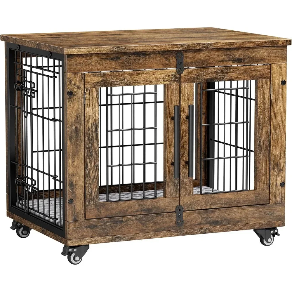 Small Dogs Crate Furniture- Indoor Double Doors Wooden Dogs Crate- 27.1'' Heavy Duty Dog Crate with Cushion & Wheels