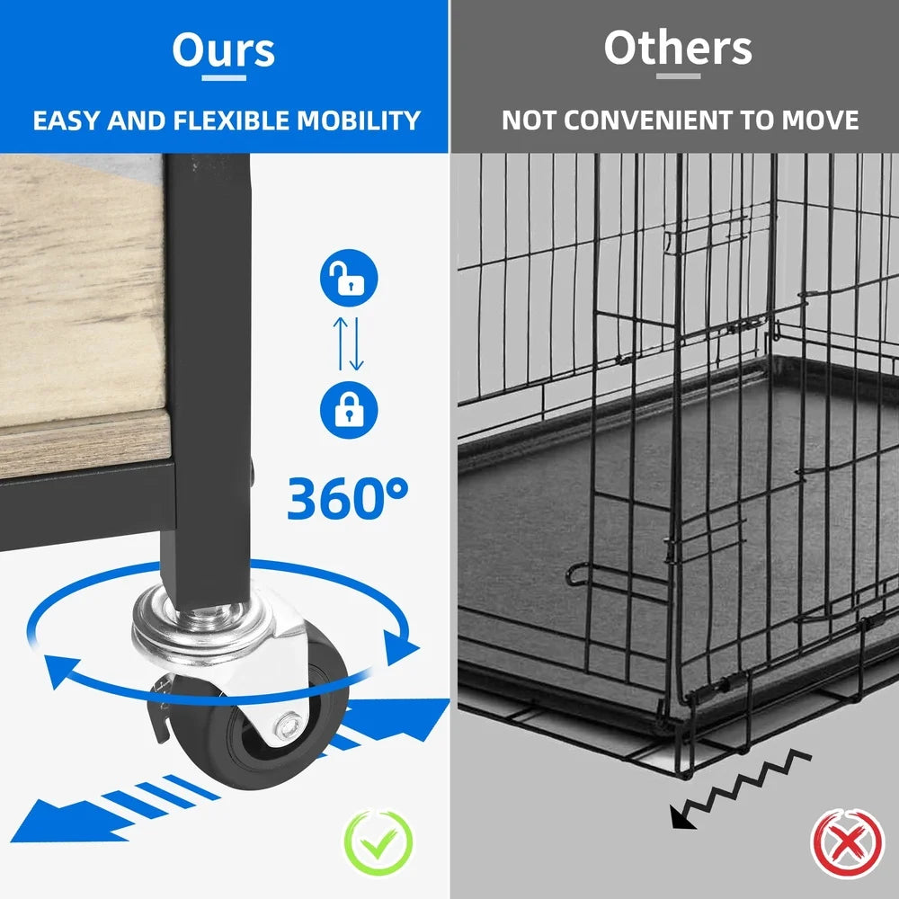 Wooden Dog Crate with Wheels- Stylish Indoor Pet Kennel- Heavy Duty- Chew-Proof- Portable Assembly Small Medium Dogs