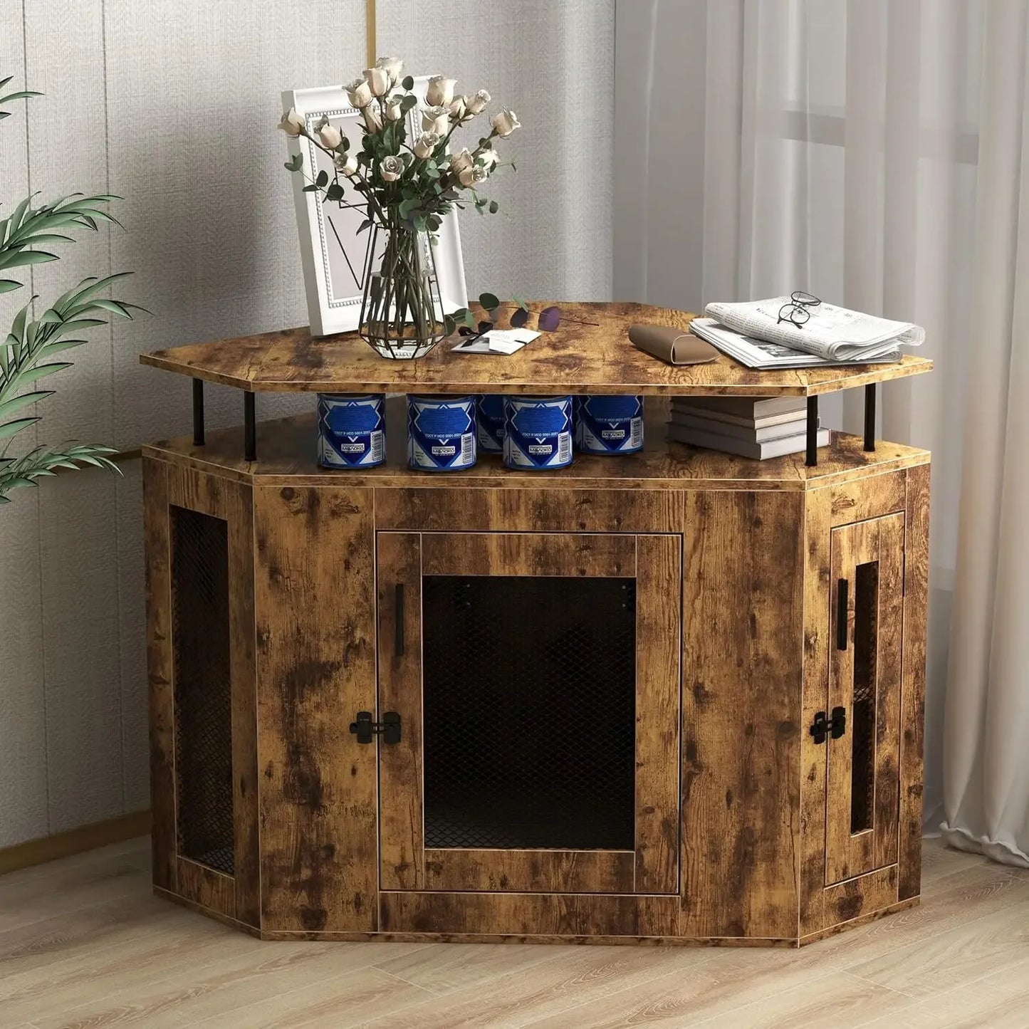 Corner Dog Crate with Cushion-52" L Furniture Style Wooden Dog Kennel -,Indoor Dog House with Storage Shelf