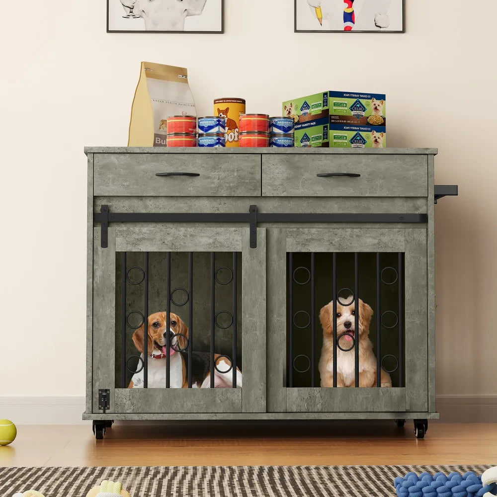 Dog Crate Furniture -39" Wooden Indoor Dog Kennel w/ Divider Room and Drawers for multiple Pets