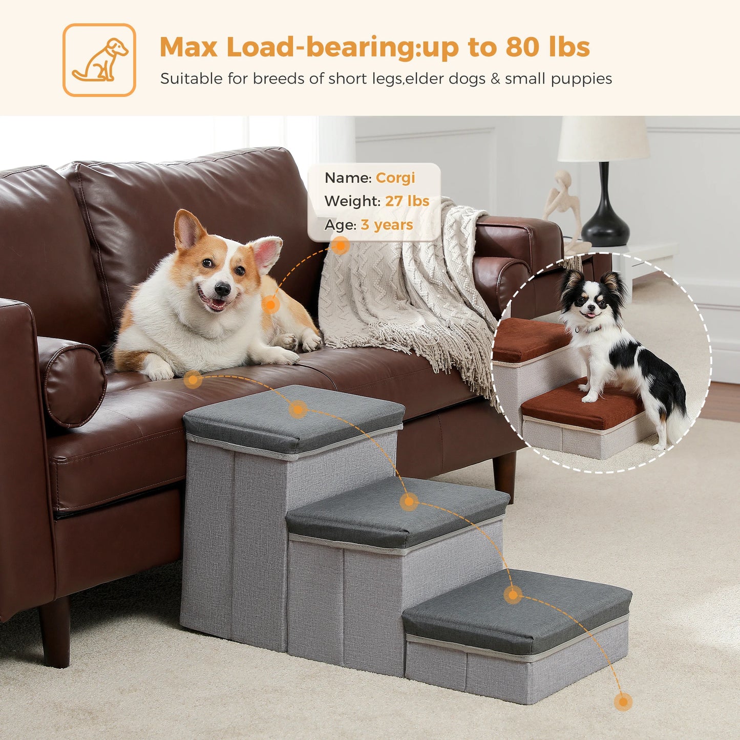 3-Tier Dog Stairs Foldable Pet Stair with Storage Box- Adjustable Height Dog Steps for Small Old Dog Cat Non-Slip Pet Ramp Indoor
