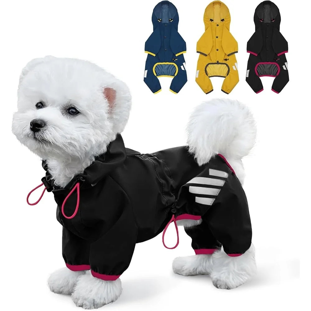 Waterproof Dog Raincoat- Lightweight- Reflective Straps with Leash- Comfortable Four-Leg Design -Small