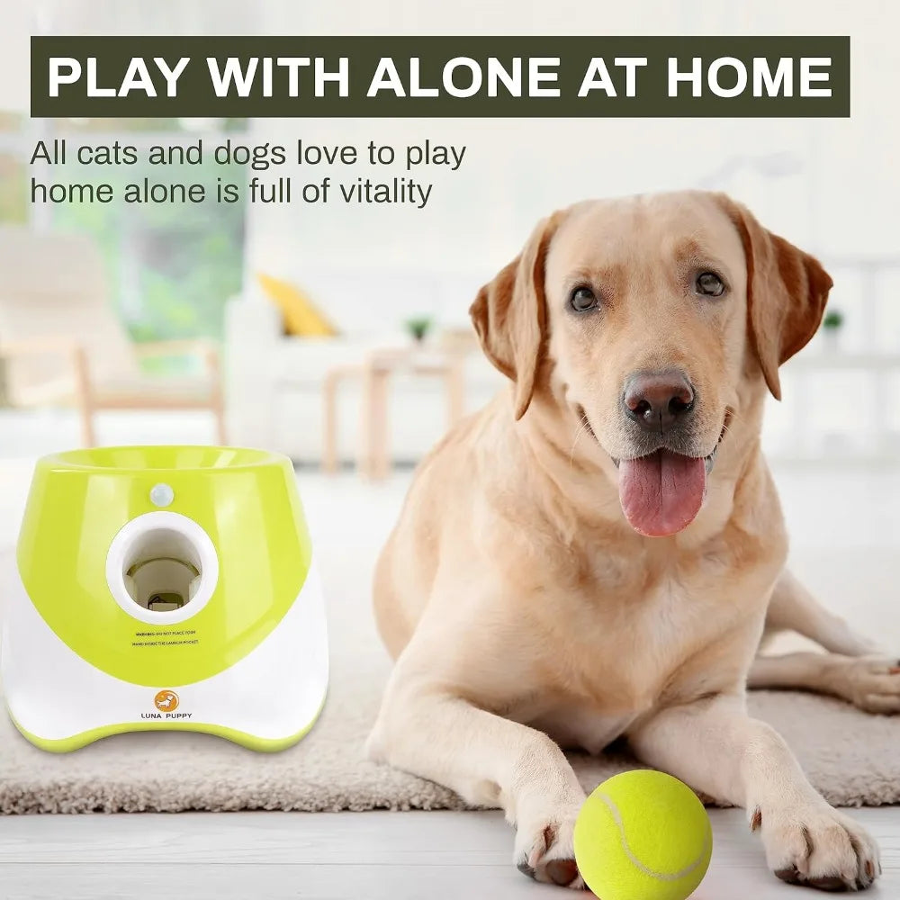 Automatic Small/Medium Dog Ball Launcher- Indoor/Outdoor Interactive Dog Toy with Three Ranges-Includes 6 Mini Tennis Balls- Data Line