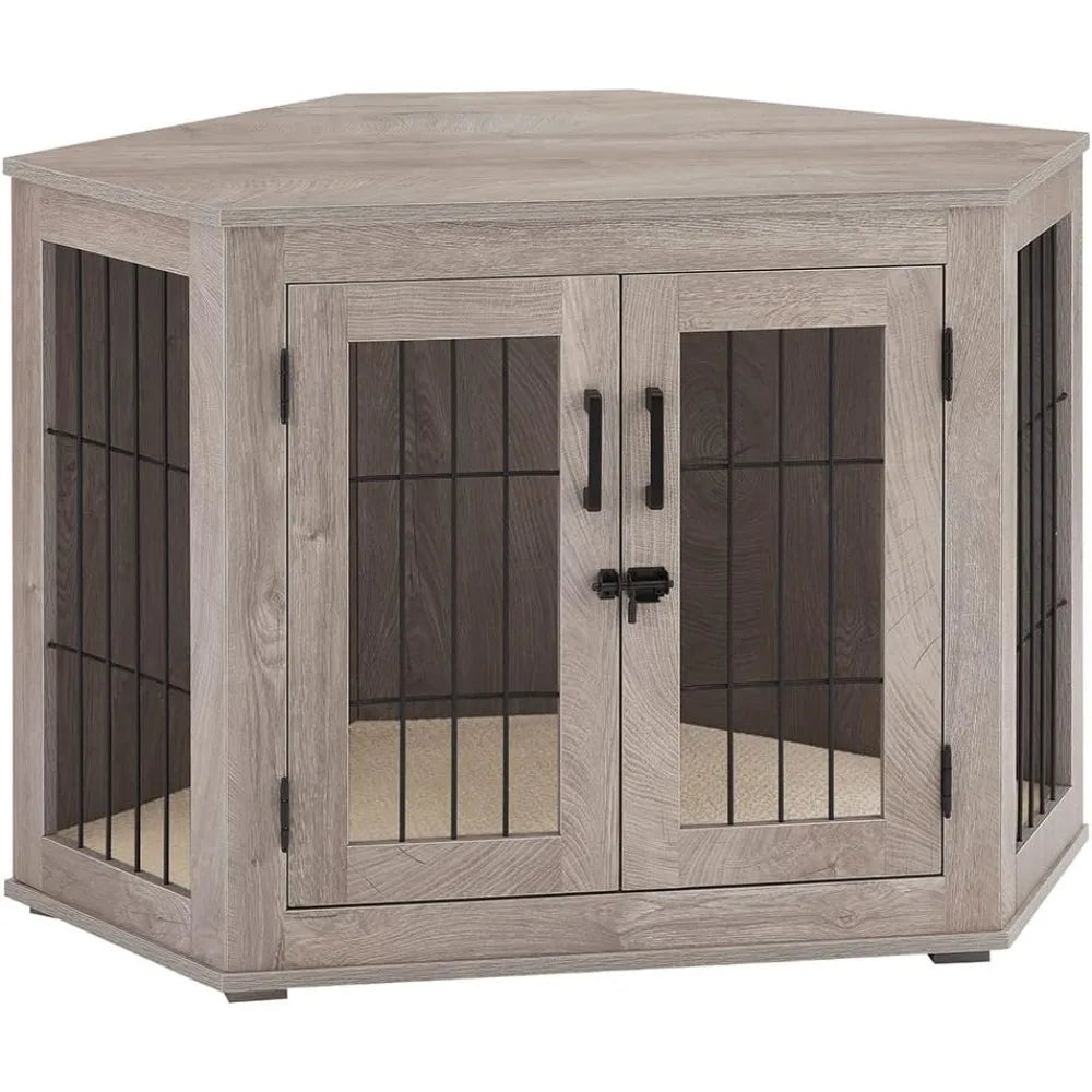 Furniture Corner Dog Crate- Wooden End Table with Cushion- Indoor Pet Crate- Side Table for Small Medium Dogs